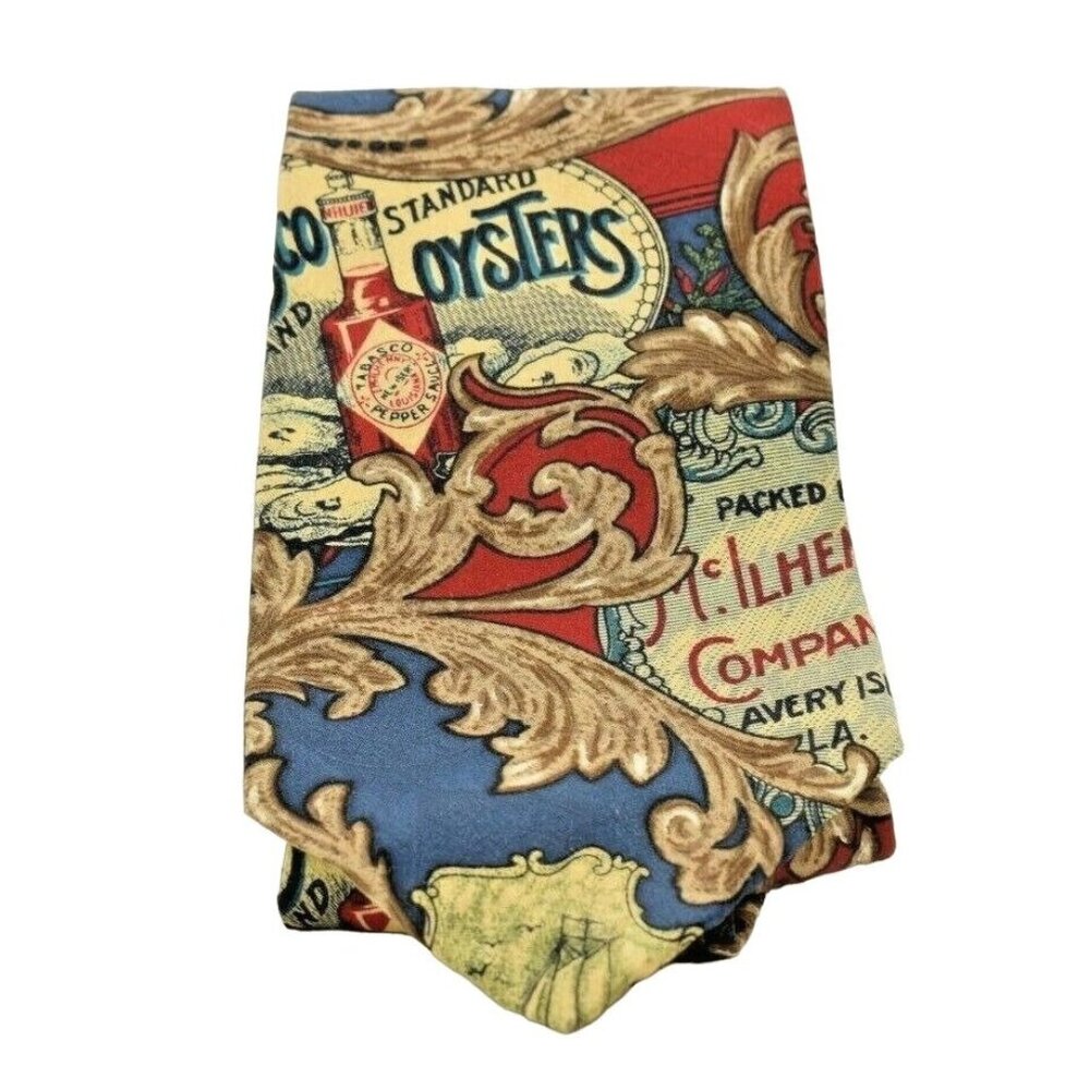 Tabasco Brand Mens Vintage Oysters and Hot Sauce McIlhenny Co Novelty Silk Tie